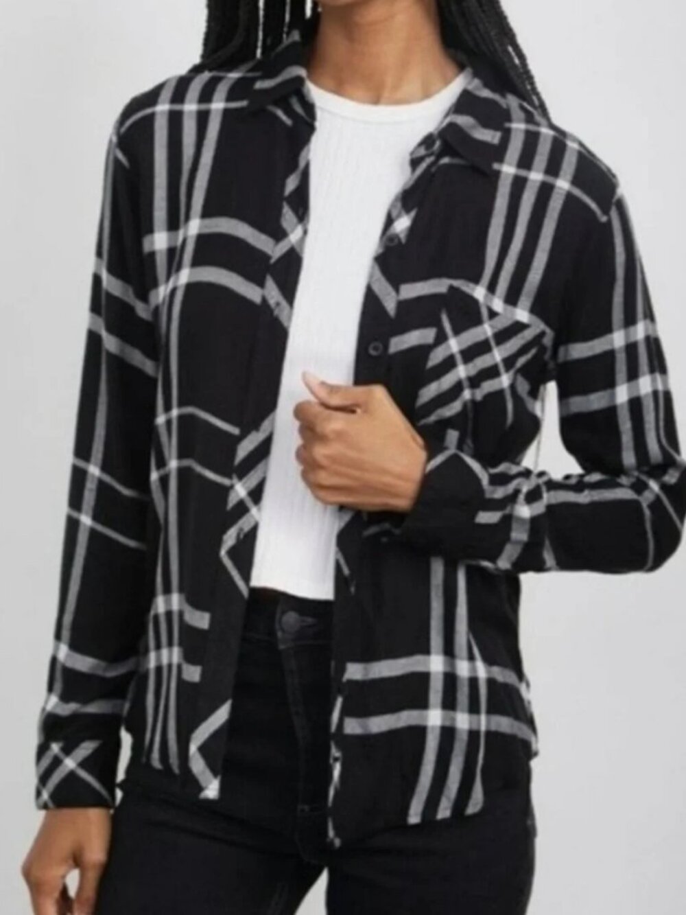 Rails Hunter Slate Black Ivory Lurex Metallic Plaid Flannel Shirt Blouse Top